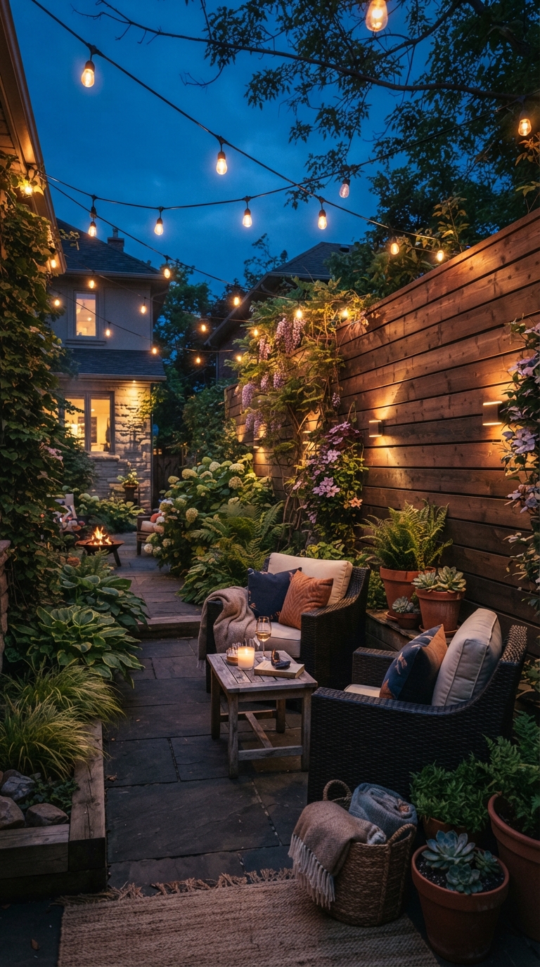 Horizontal wood fence idea with built-in lighting for backyard ambiance