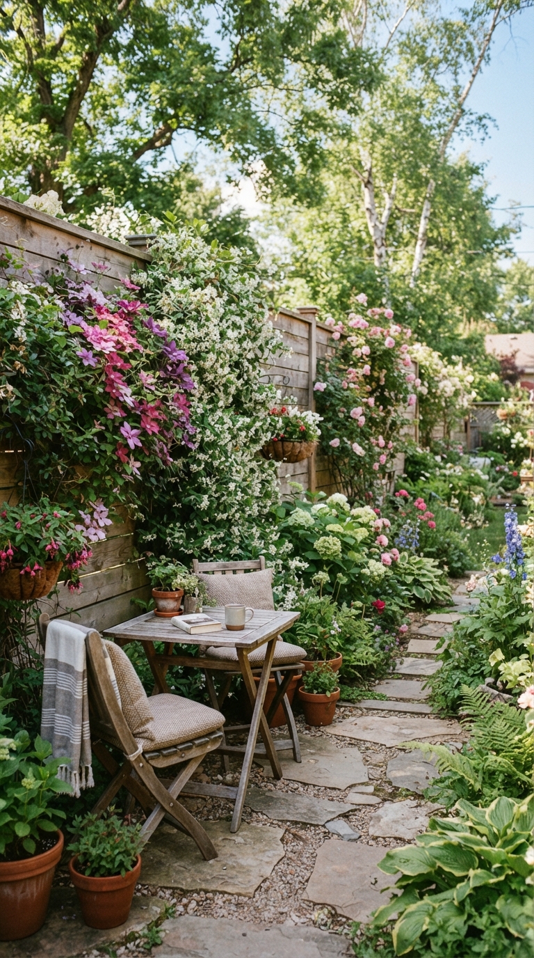 Horizontal wood fence with climbing vines for a lush backyard look