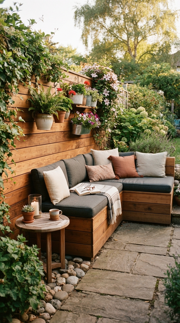 Horizontal wood fence with corner seating nook idea for backyards