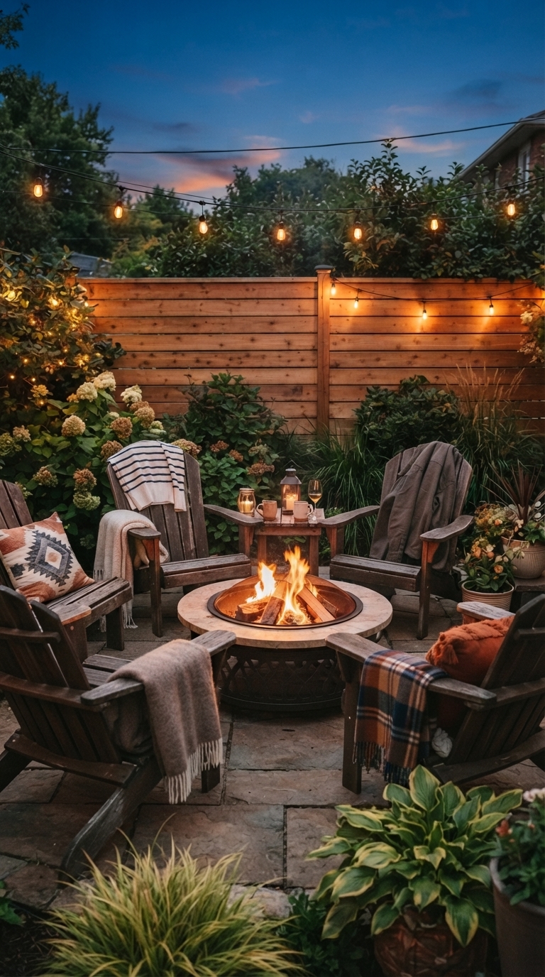 Horizontal wood fence paired with a fire pit for cozy backyard evenings