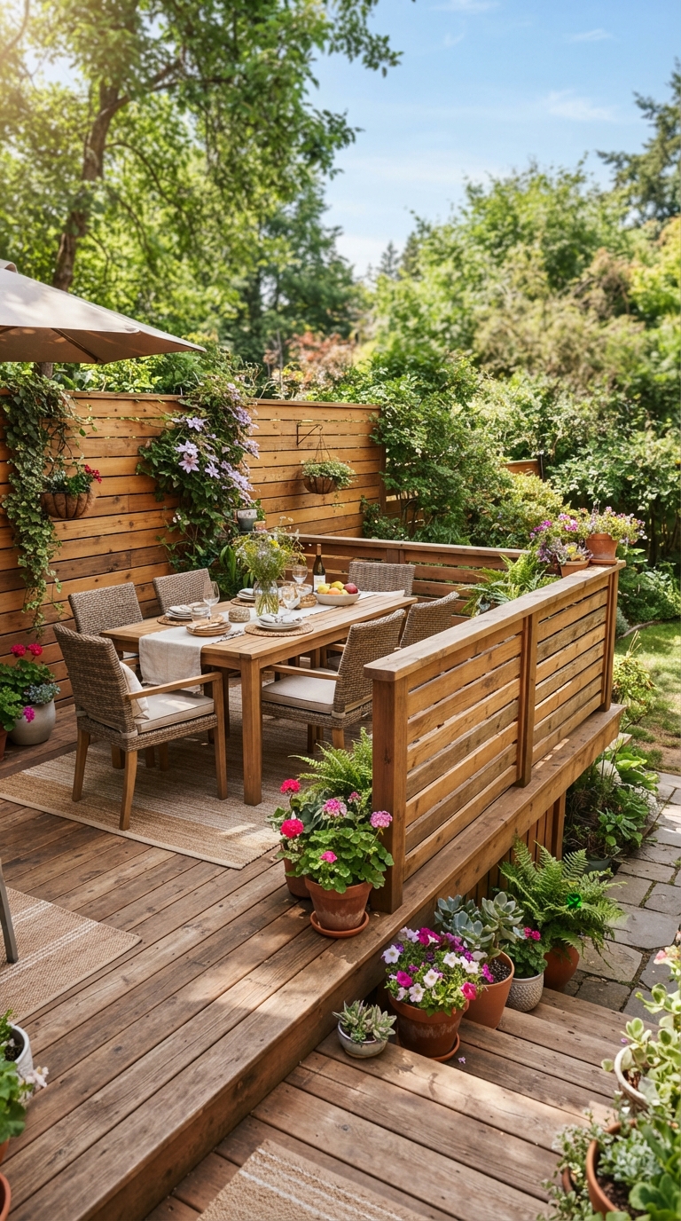 Horizontal wood fence paired with matching deck for a cohesive backyard