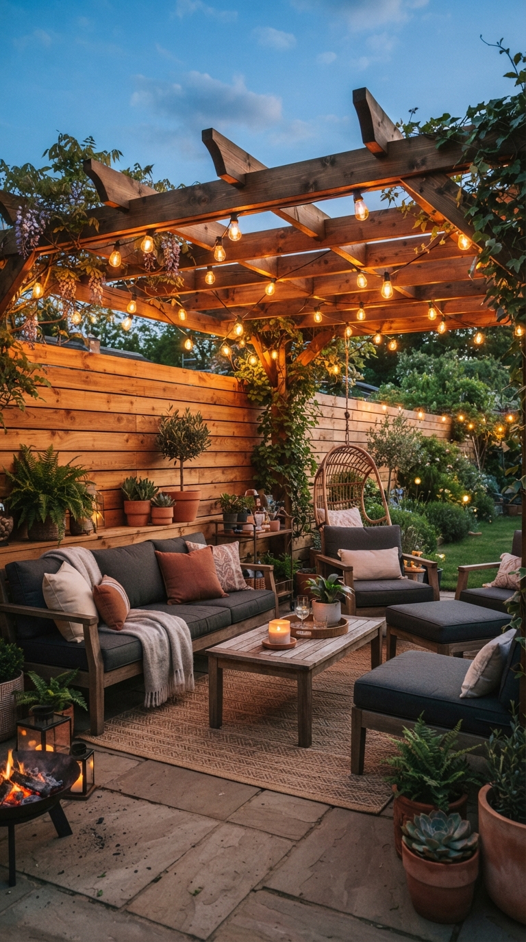 Horizontal wood fence and pergola combo idea for a backyard patio