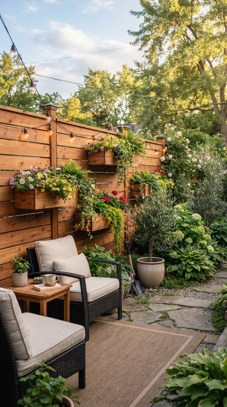 Horizontal wood fence with built-in planter boxes for backyard greenery