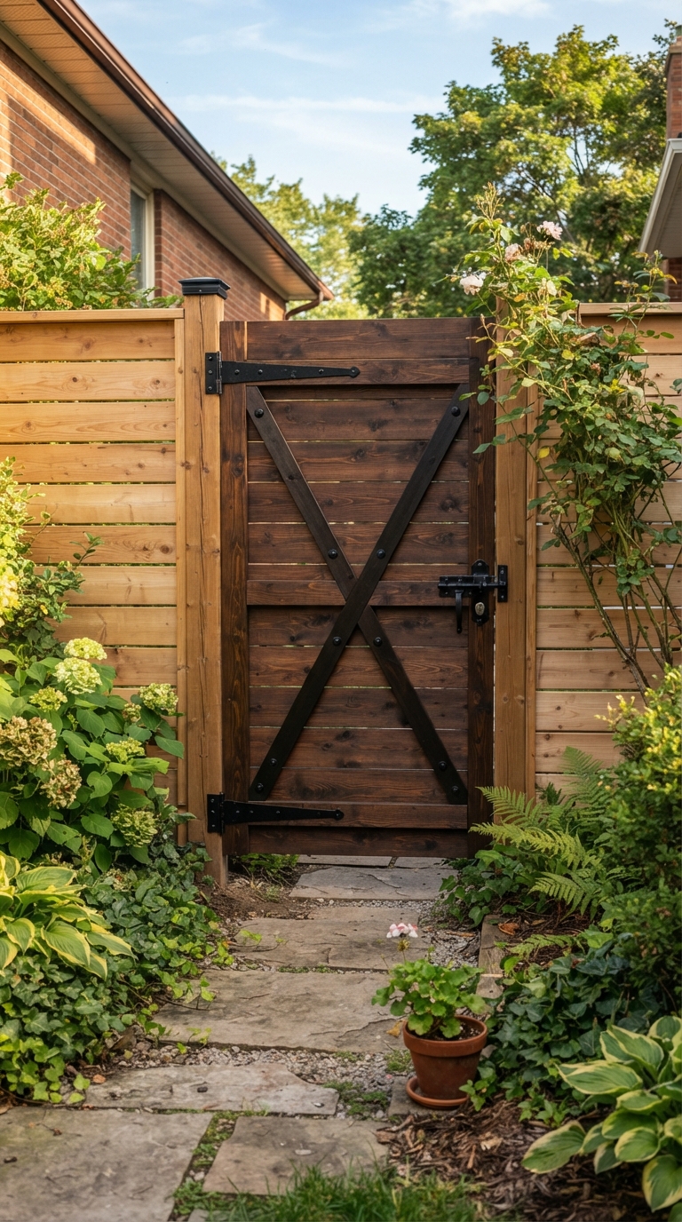 Horizontal wood fence idea with a statement stained gate entry