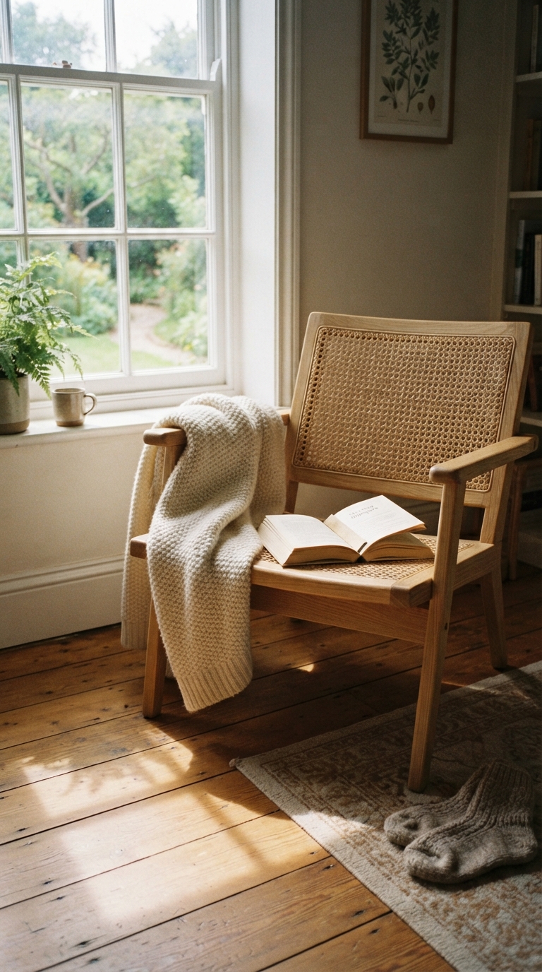 Scandinavian hygge corner styled in a fall bedroom