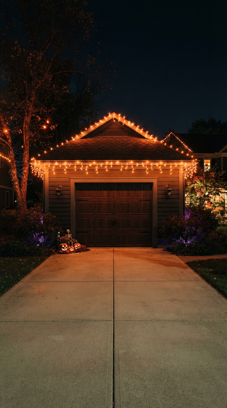 Orange icicle lights along a garage roofline for Halloween