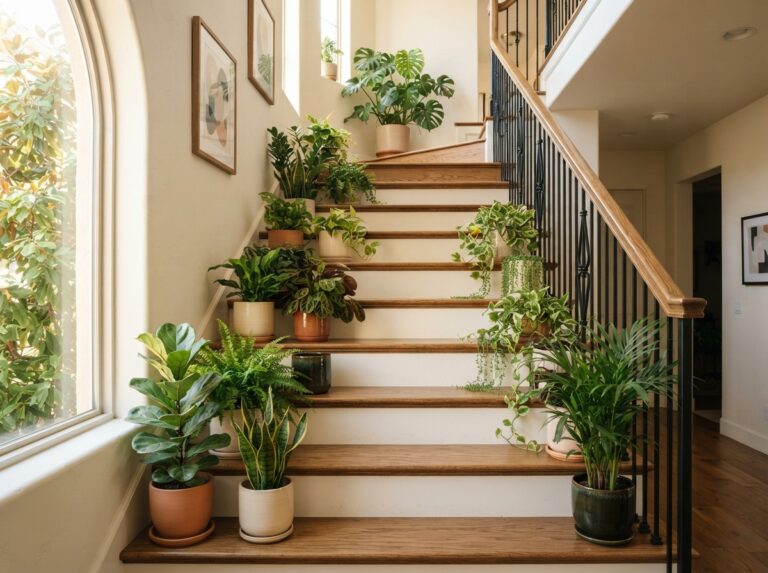 Stylish indoor staircase decorated with easy-care potted plants