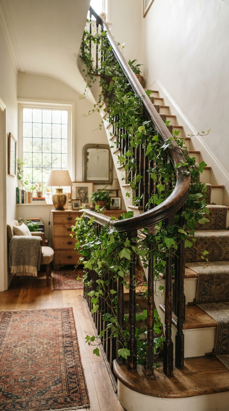 Ivy plant trained to climb along a staircase banister