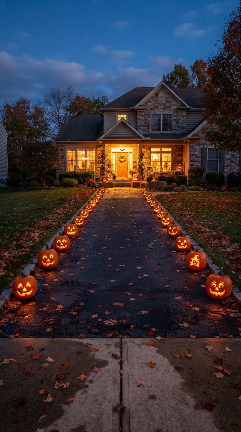 Jack-o'-lanterns lit and lining a Halloween driveway pathway