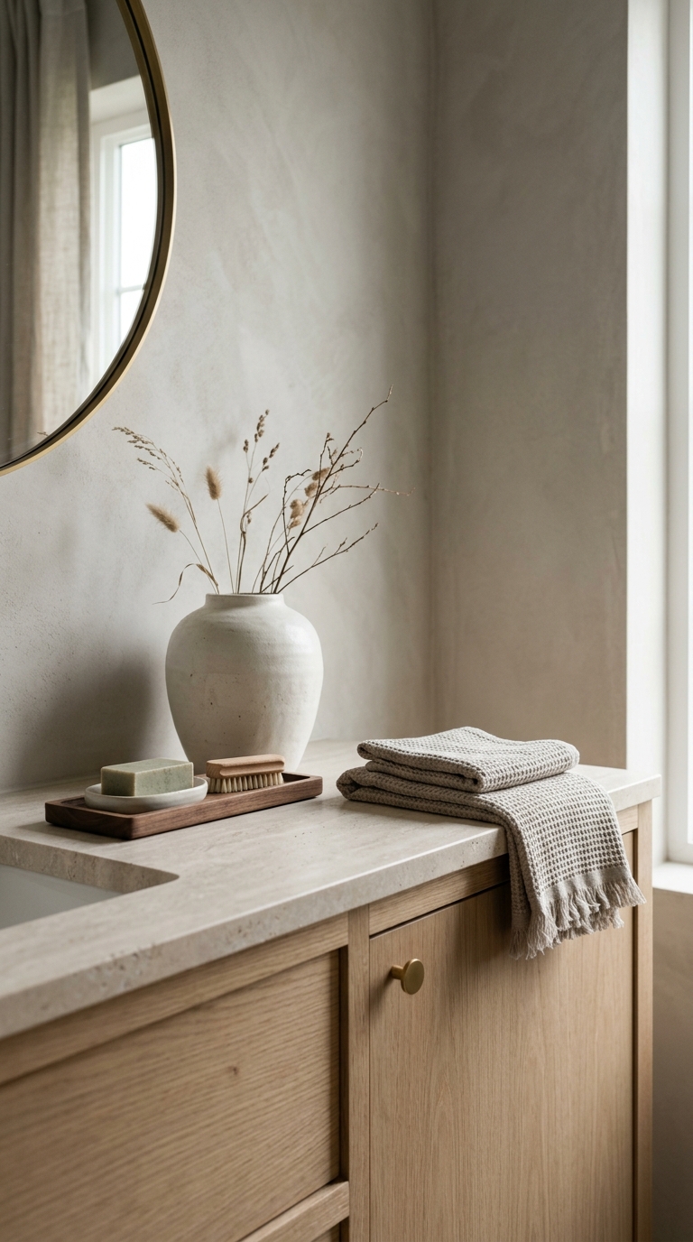 Japandi bathroom counter with natural decor