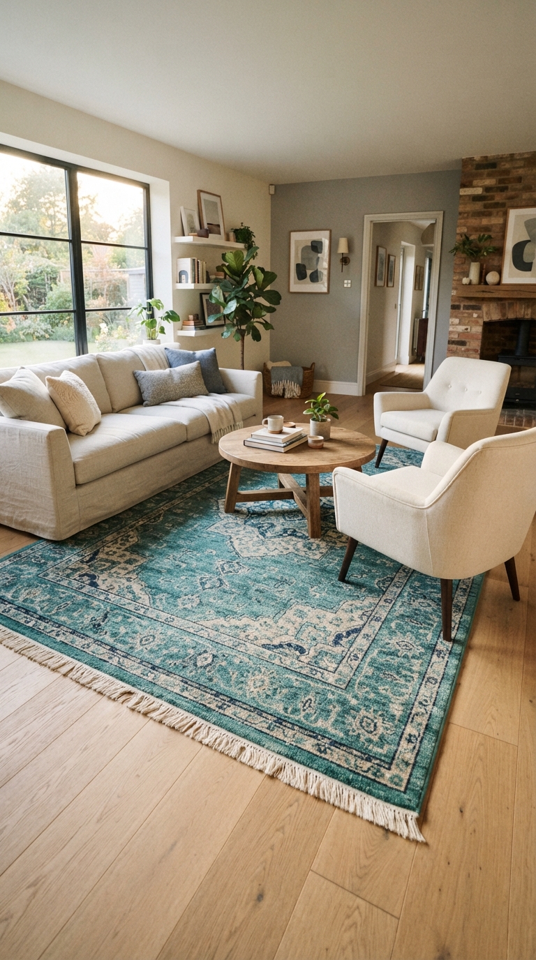 Teal jewel tone patterned area rug grounding a neutral living room seating area