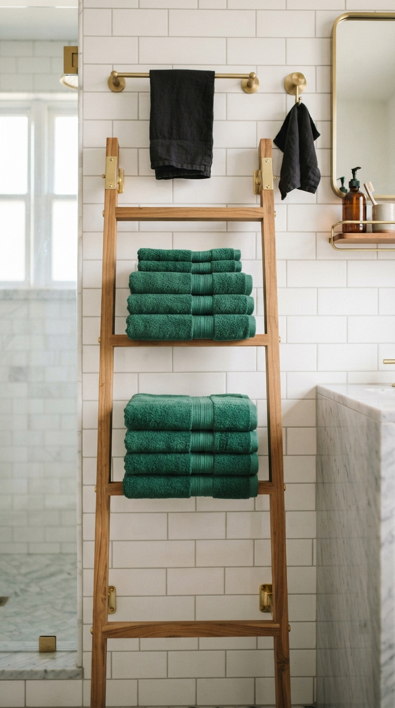 Emerald jewel tone towels styled on a ladder rack in a white tile bathroom