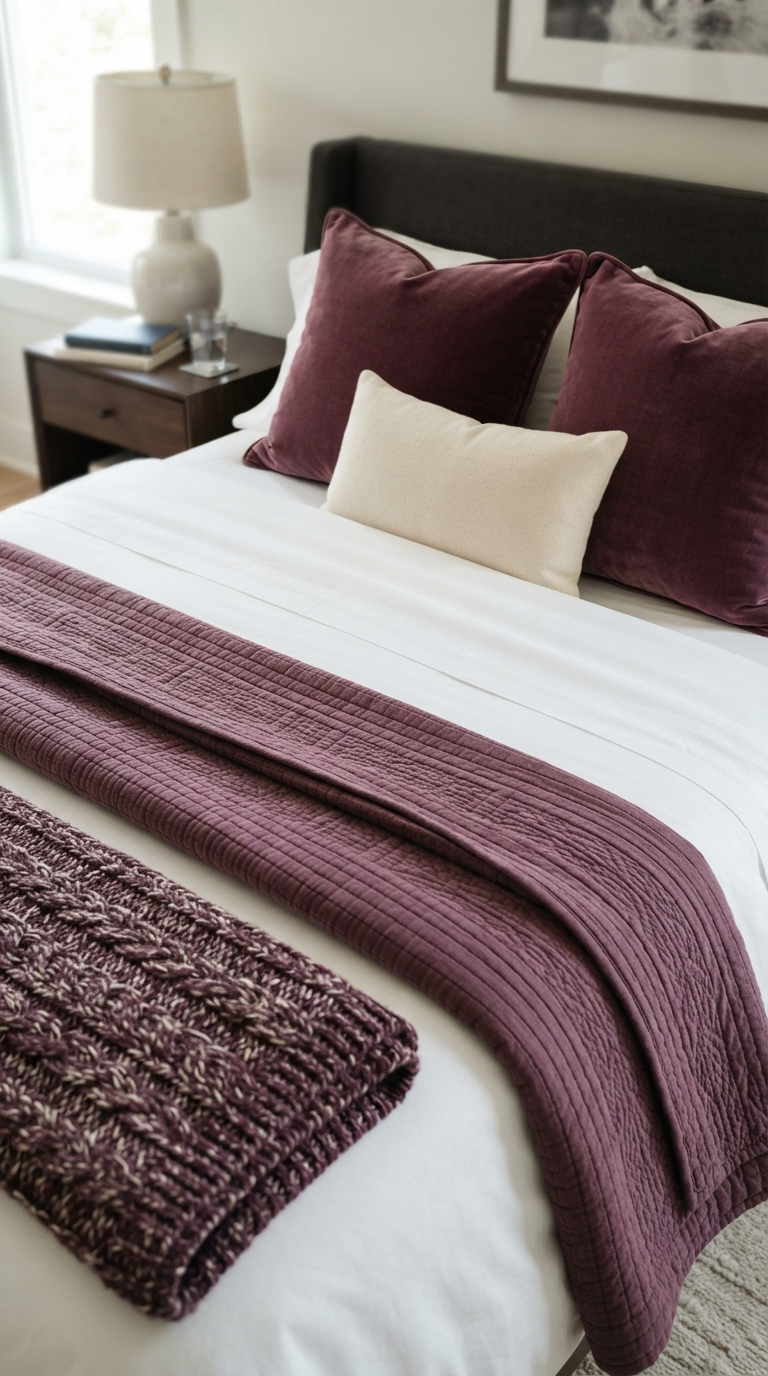 Plum jewel tone pillow shams layered over white bedding