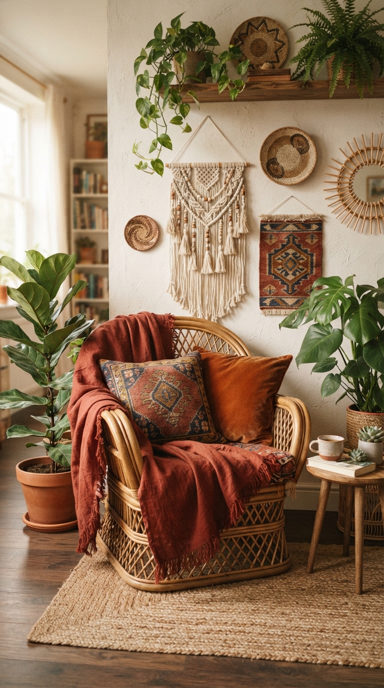 Rust jewel tone textiles styled with a rattan chair in a boho living room