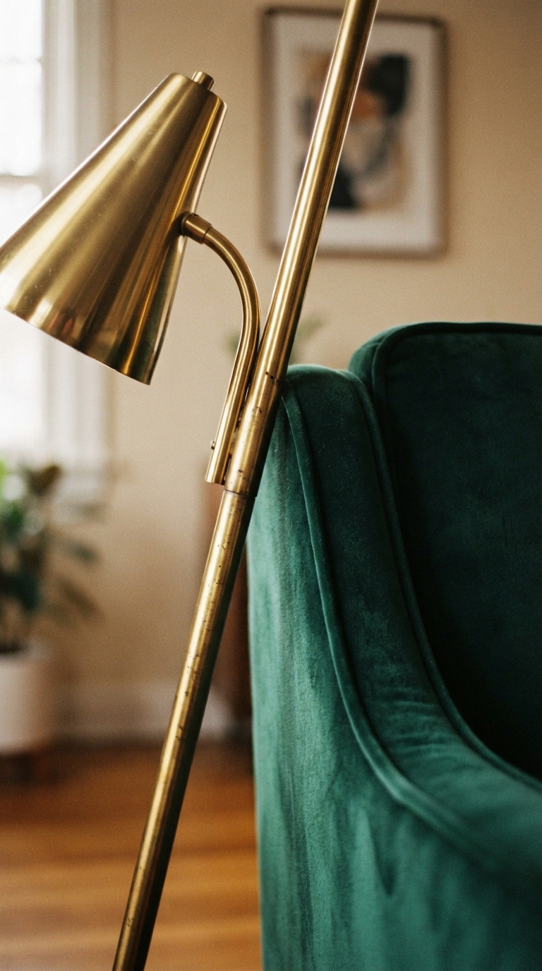 Brass floor lamp paired with an emerald jewel tone accent chair