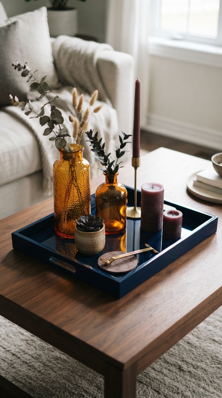 Jewel tone vases, candles, and lacquer tray styled on a coffee table