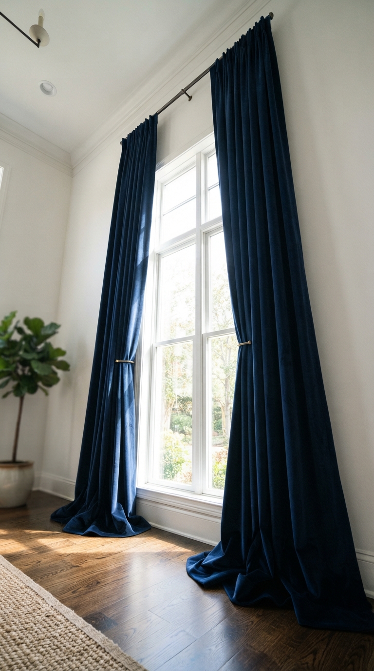 Navy jewel tone floor-to-ceiling curtains framing a bright living room window