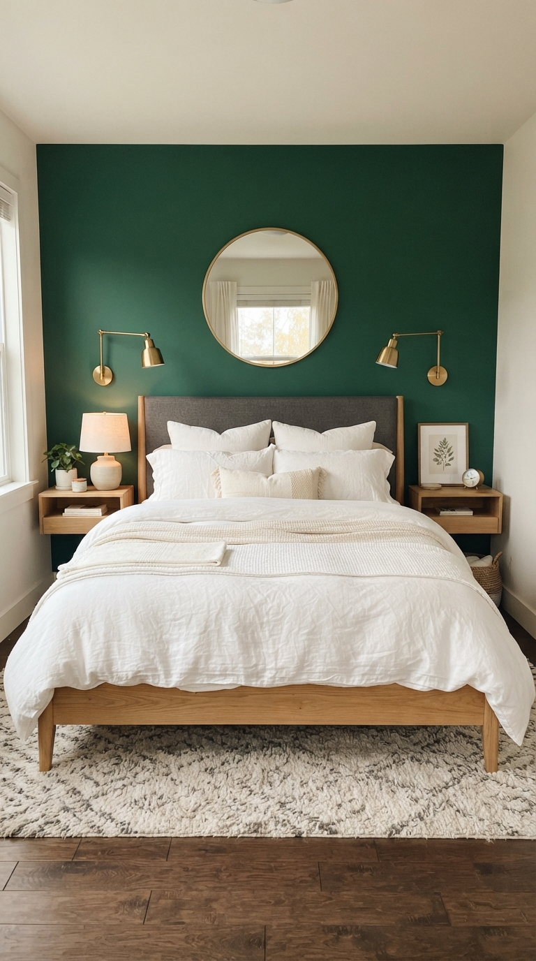 Emerald jewel tone accent wall behind a bed with neutral bedding