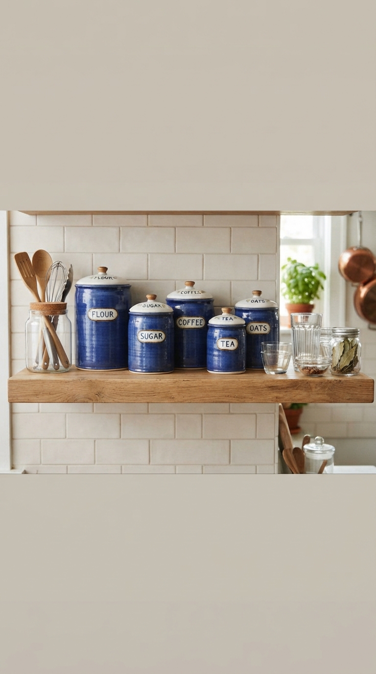 Cobalt jewel tone canisters and glassware styled on open kitchen shelving