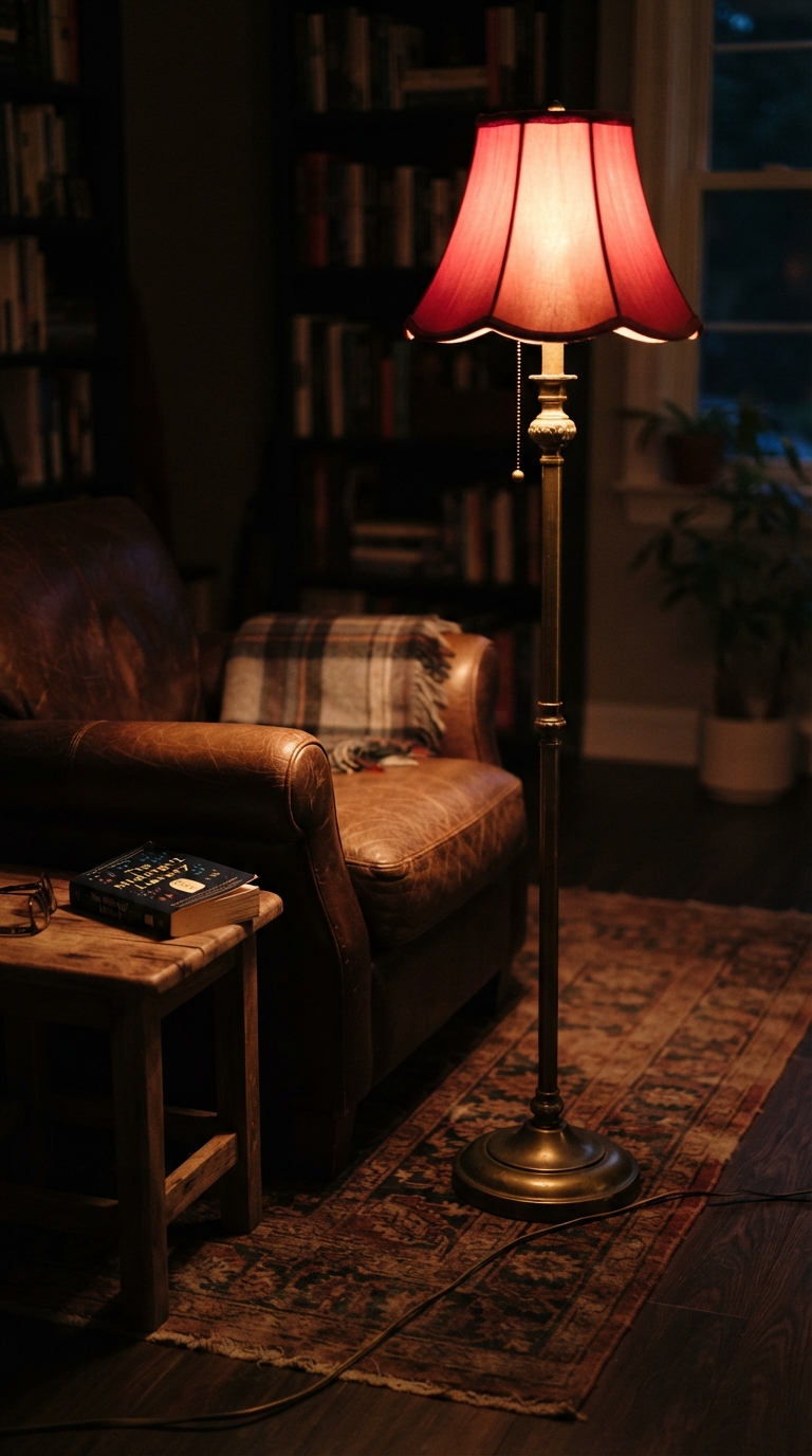 Ruby jewel tone lampshade glowing on a brass floor lamp in a cozy reading corner