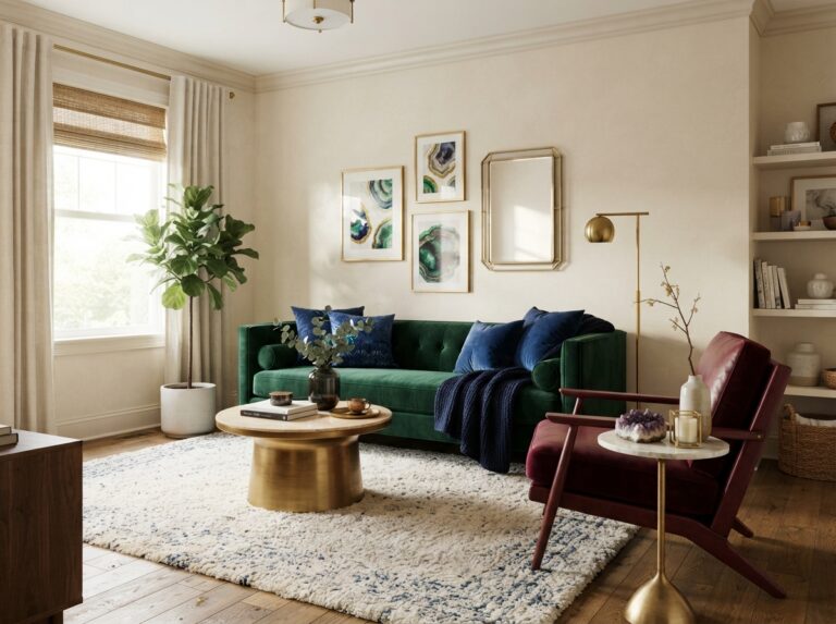 Elegant living room with emerald green sofa, sapphire blue pillows, burgundy chair, and jewel tone decor accents