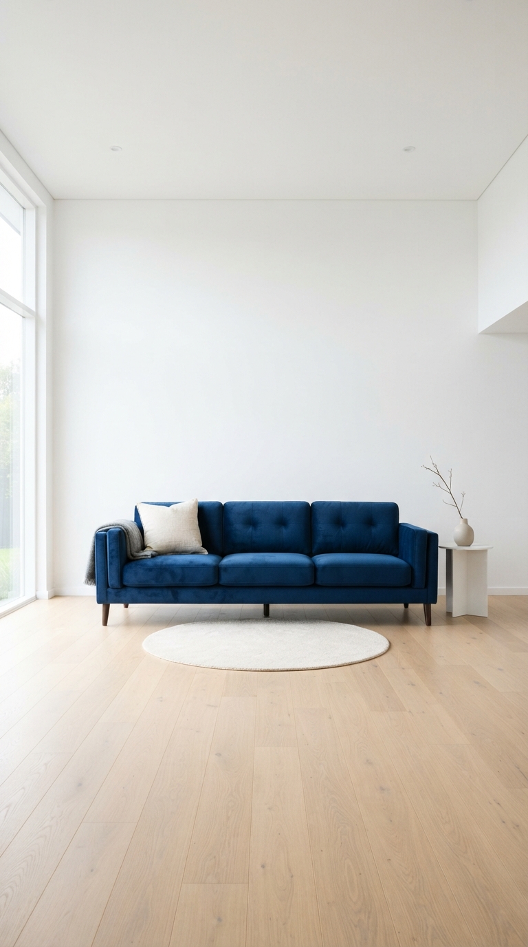 Sapphire jewel tone velvet sofa in a clean, modern minimalist living room