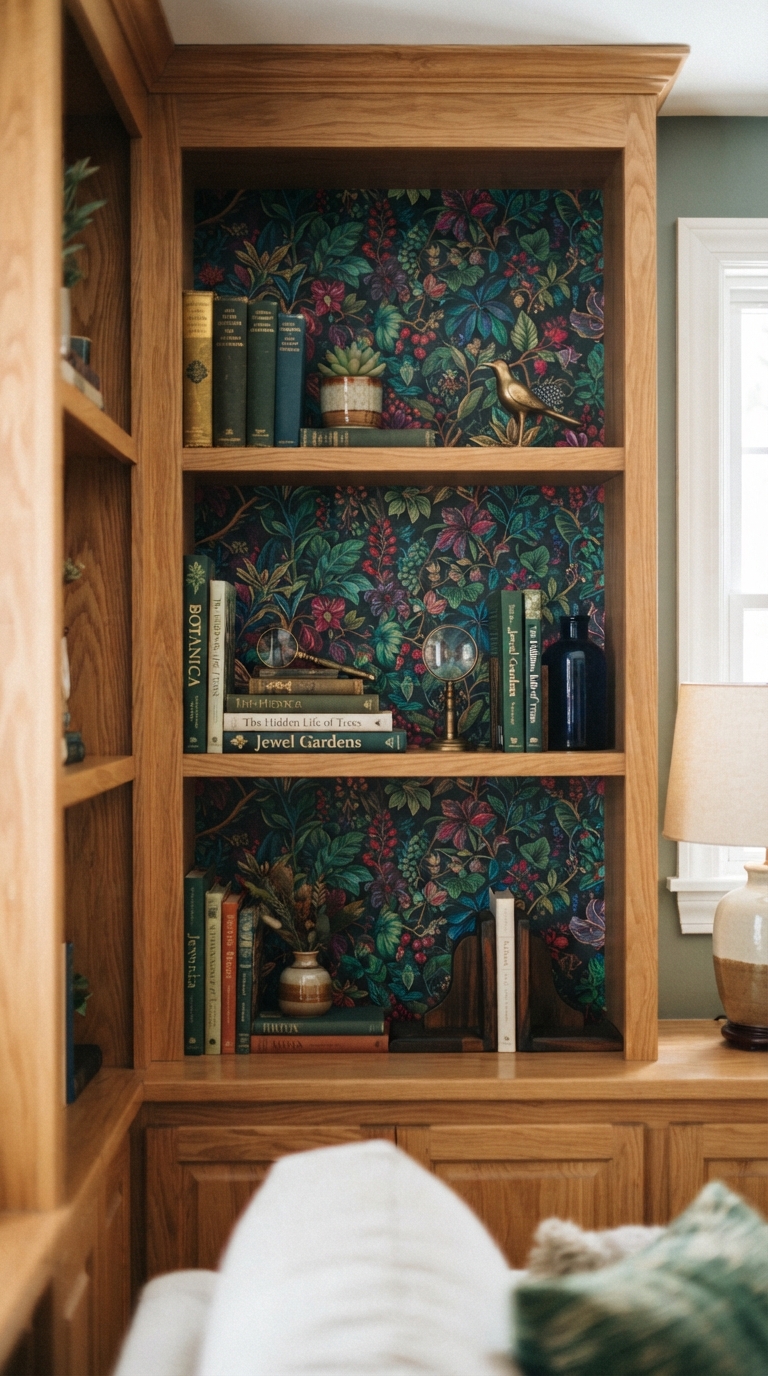Jewel tone botanical removable wallpaper lining an open bookshelf nook