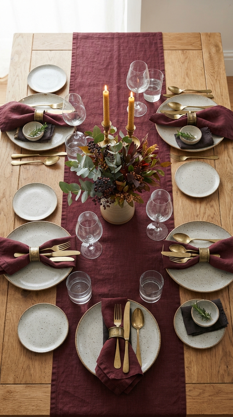 Burgundy jewel tone table runner and napkins styled on a wood dining table