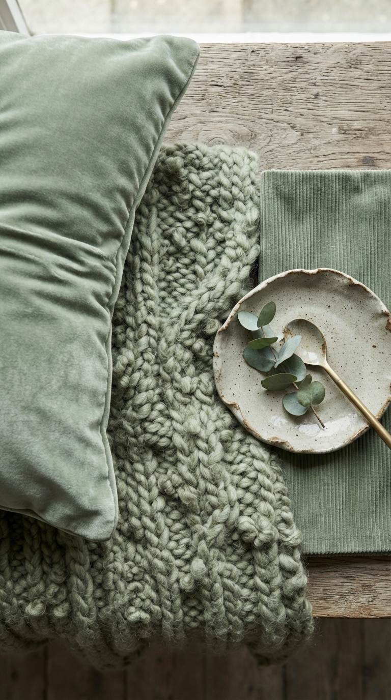 Velvet, wool, and ceramic jewel tone textures styled together