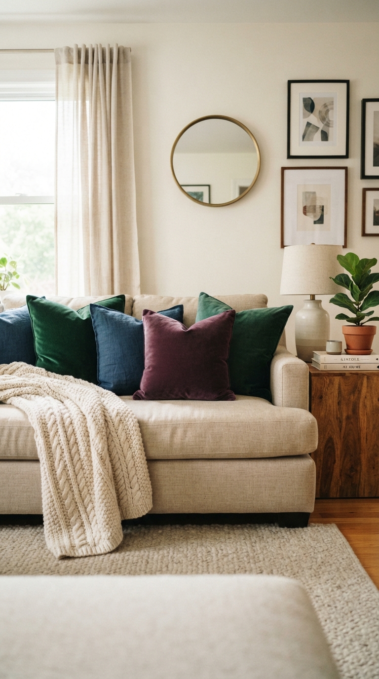 Emerald and sapphire jewel tone throw pillows styled on a neutral linen sofa