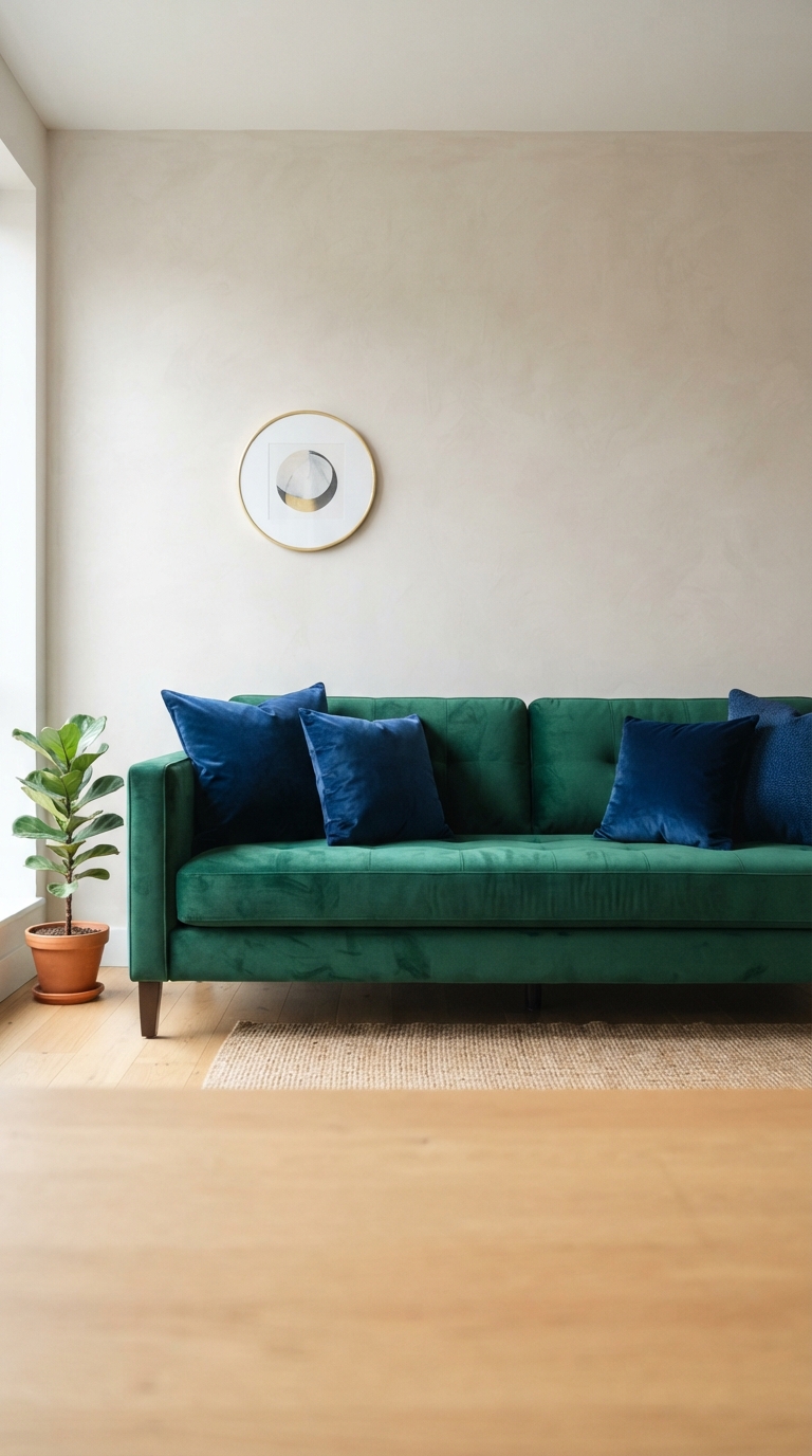 Emerald sofa styled with sapphire jewel tone throw pillows