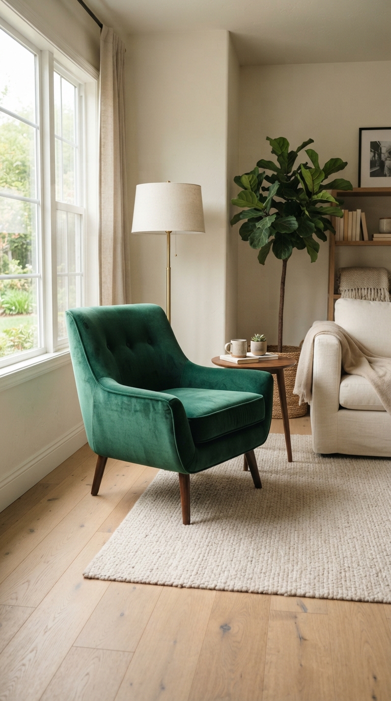 Emerald velvet jewel tone accent chair styled in a neutral living room