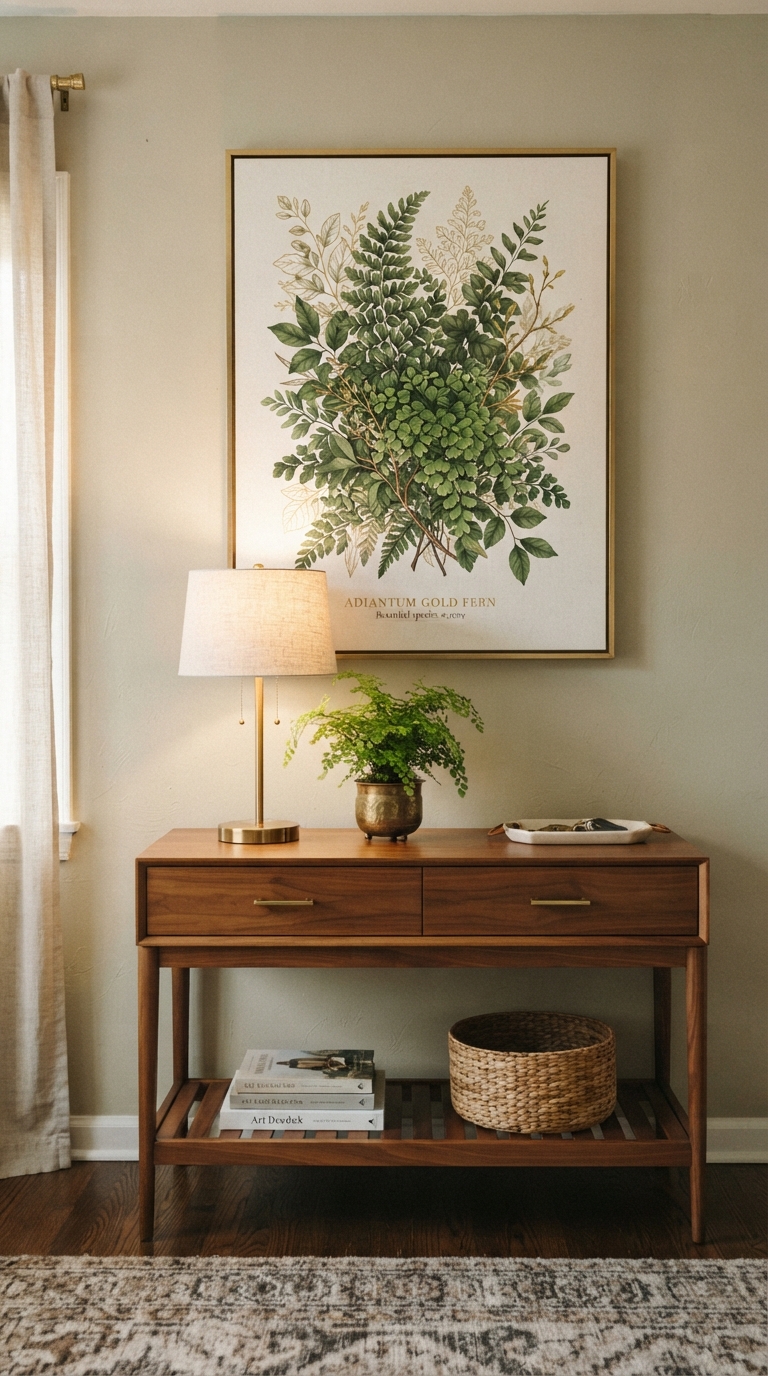 Large jewel tone botanical wall art in a brass frame above a wood console