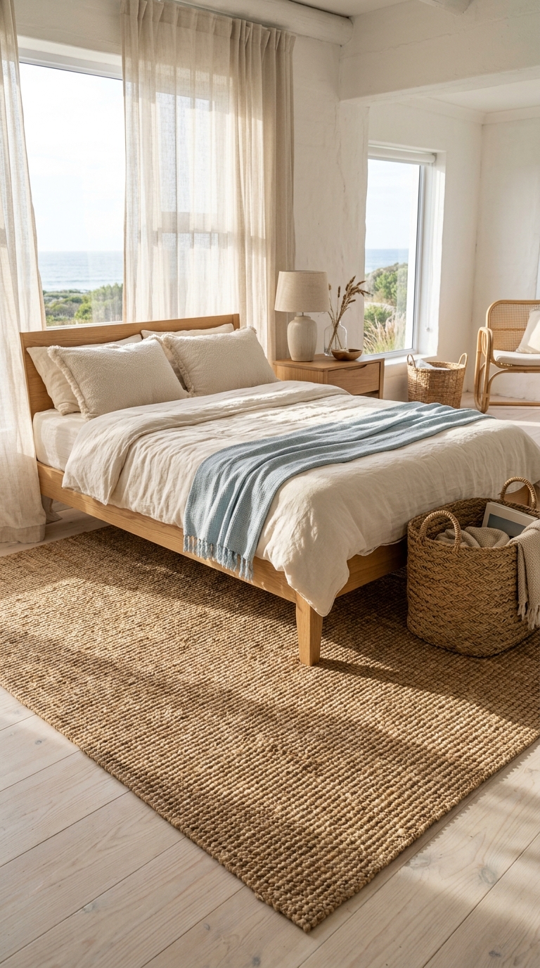 Jute rug grounding a light coastal bedroom