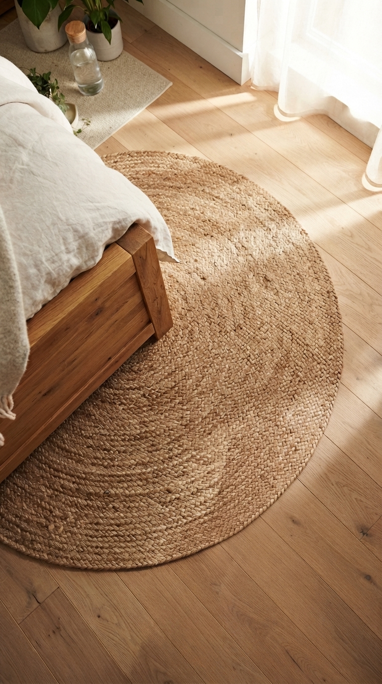 Woven jute rug styled in a fall bedroom