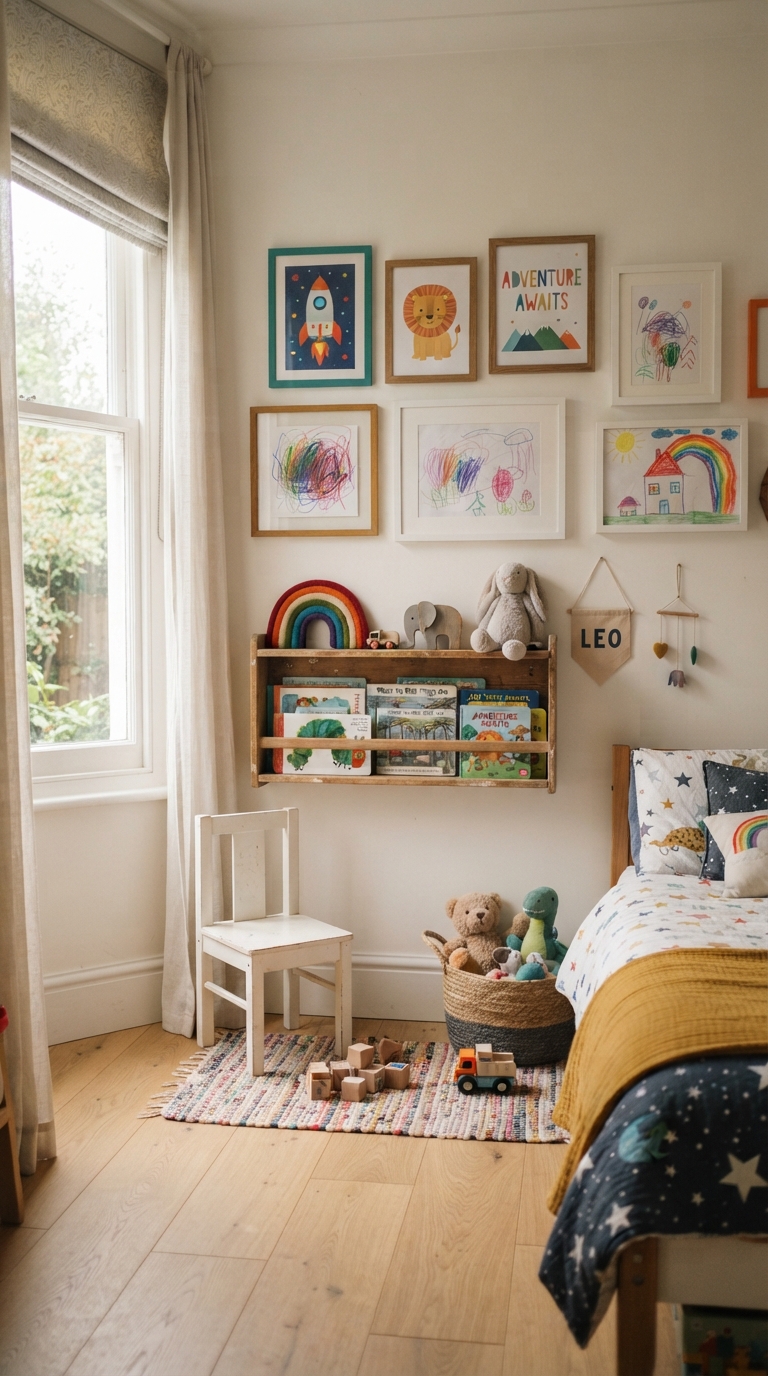 Playful corner gallery wall in a kids' bedroom with colorful art