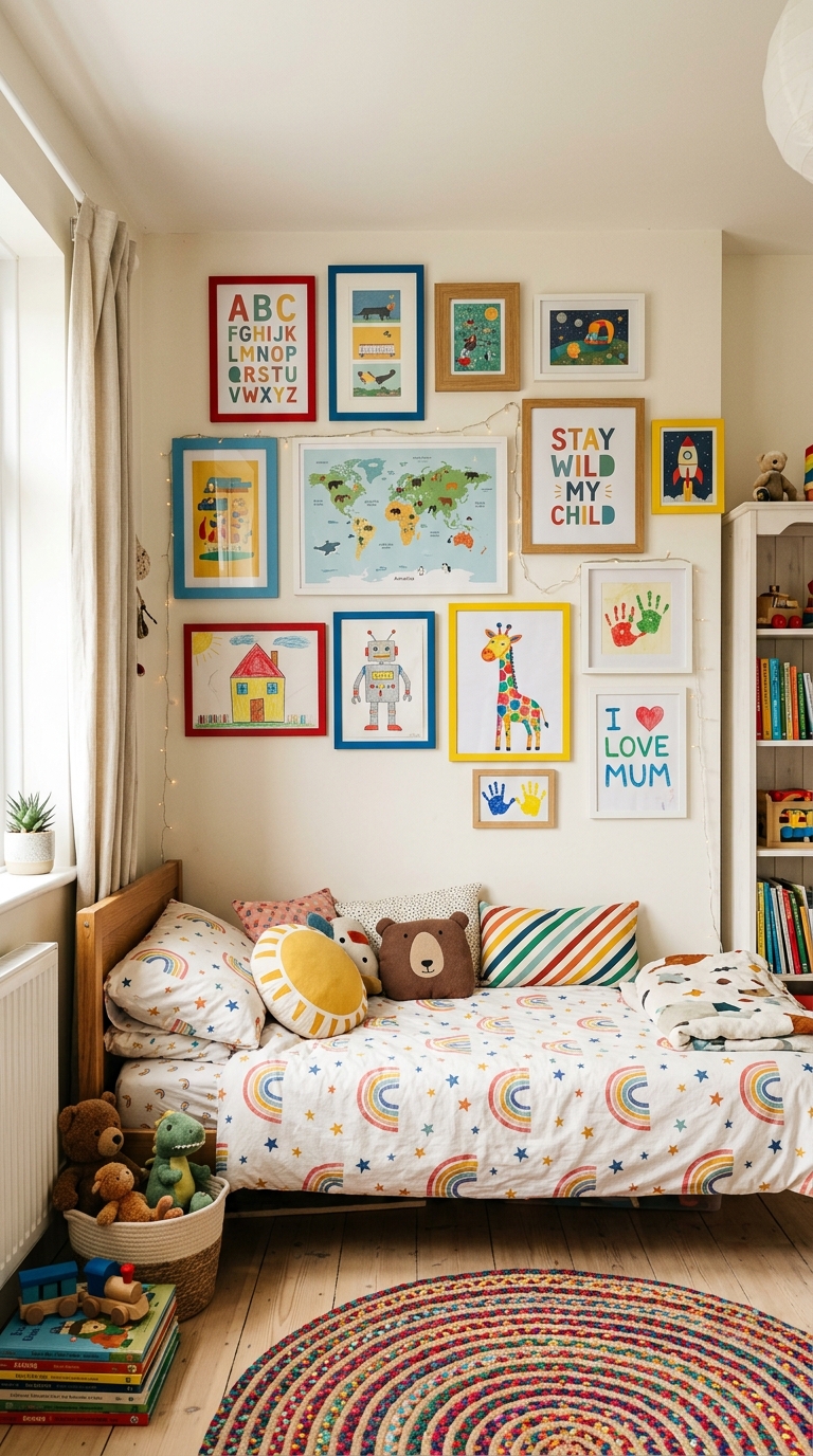 Playful gallery wall in a kids' bedroom with colorful prints