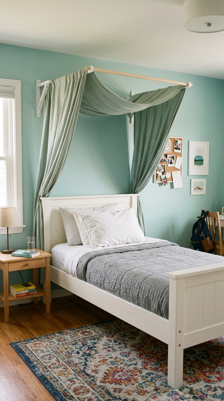 Safe, washable canopy bed setup in a kid's or teen's bedroom