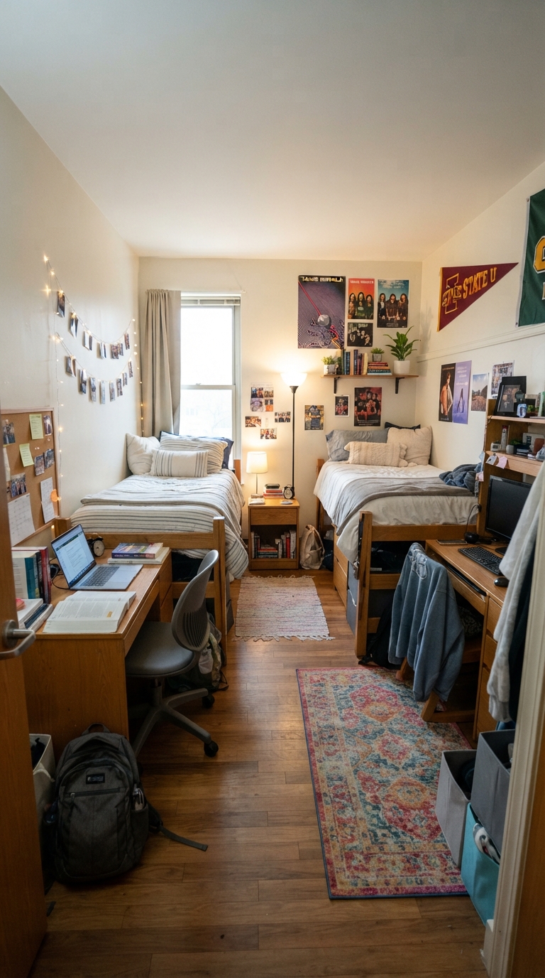 shaped dorm room layout for two roommates using a corner arrangement