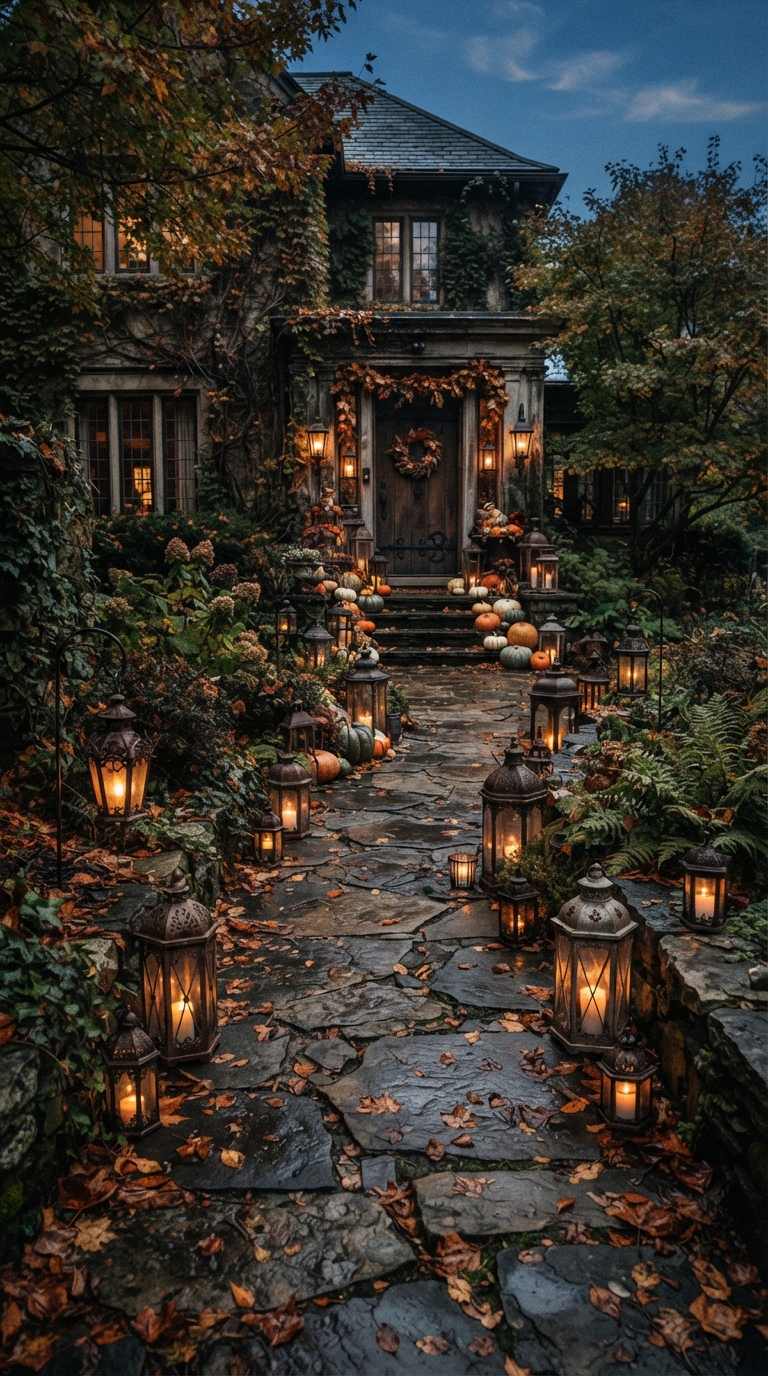 Gothic lanterns lining a Halloween driveway walkway.