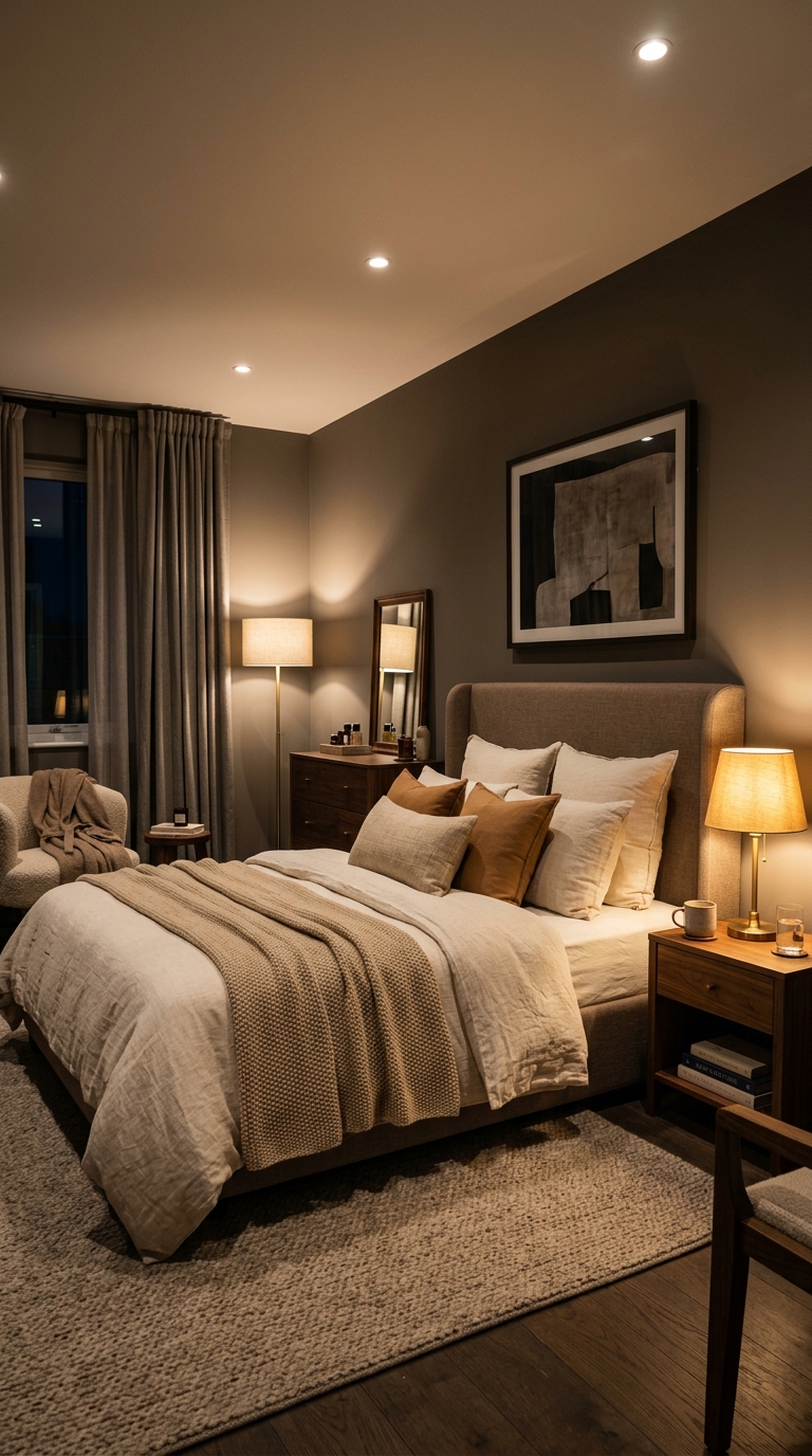 Cozy bedroom with layered lighting from bedside and ambient light sources
