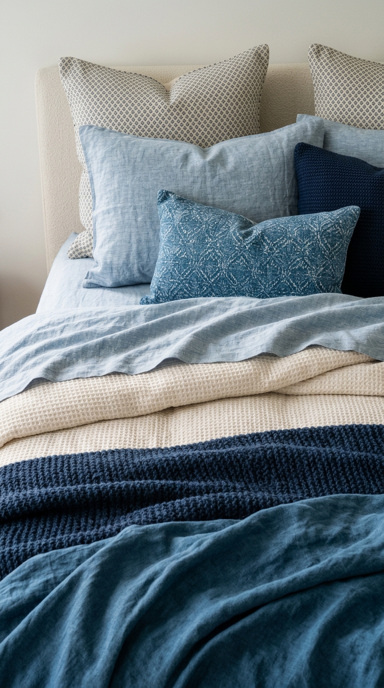 Layered blue and cream coastal bedroom bedding