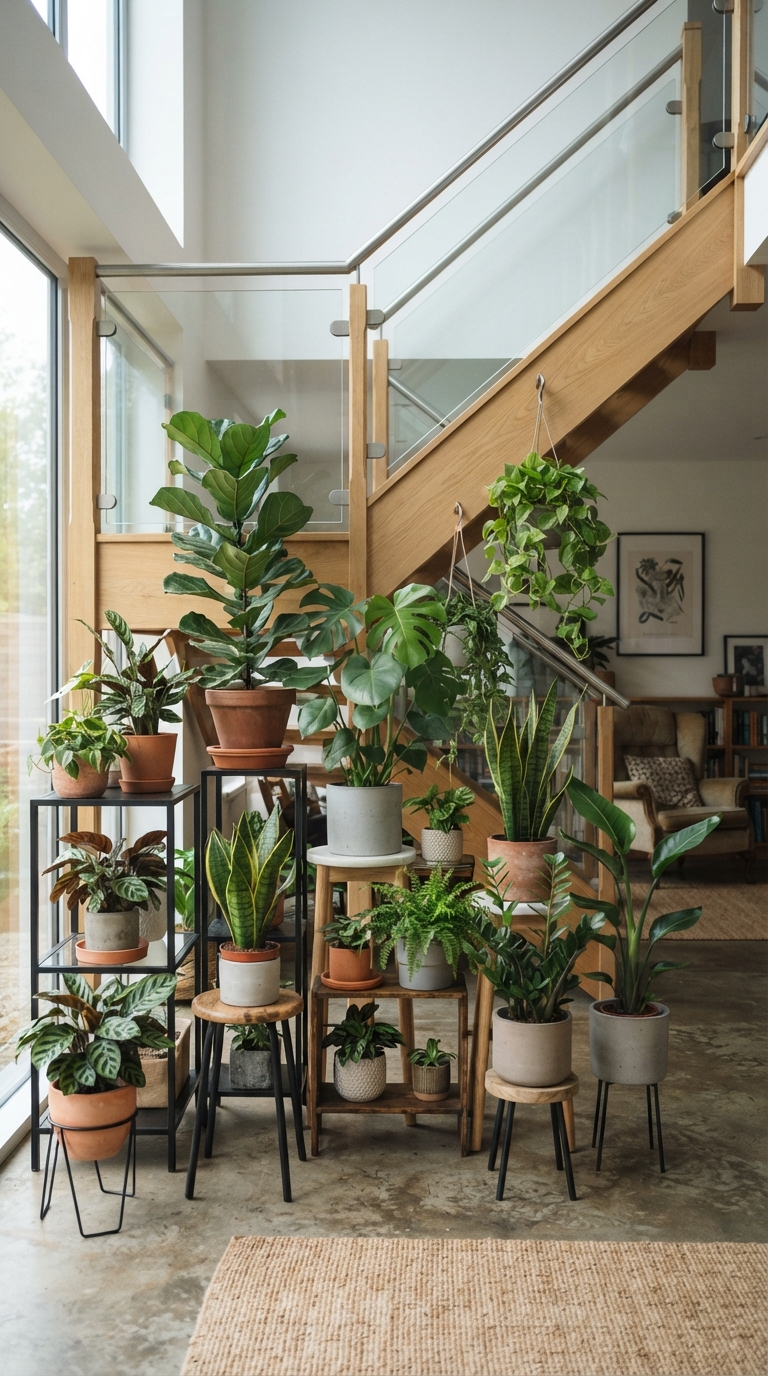 Plants displayed at layered heights under a staircase
