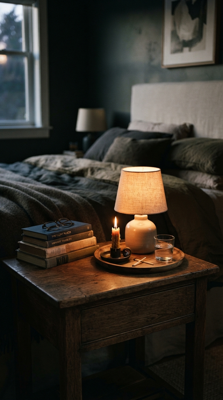 Layered nightstand styling with moody objects in a fall-inspired bedroom