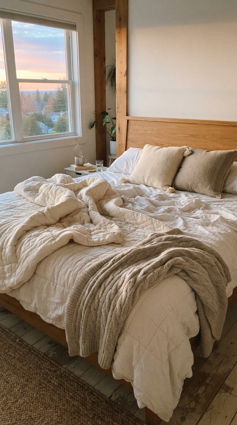 Fall bedroom bed layered with quilt and chunky knit throw