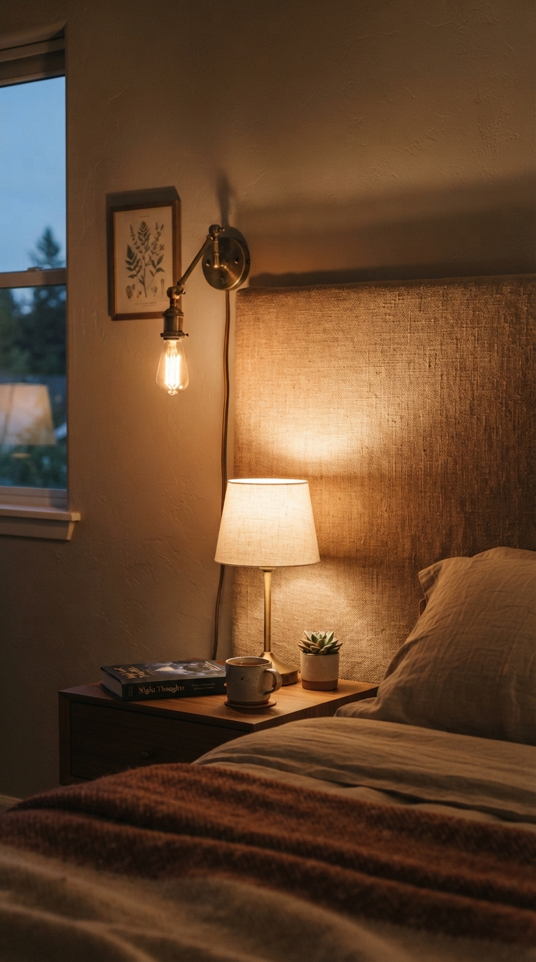 Layered sconce and lamp lighting in a fall bedroom