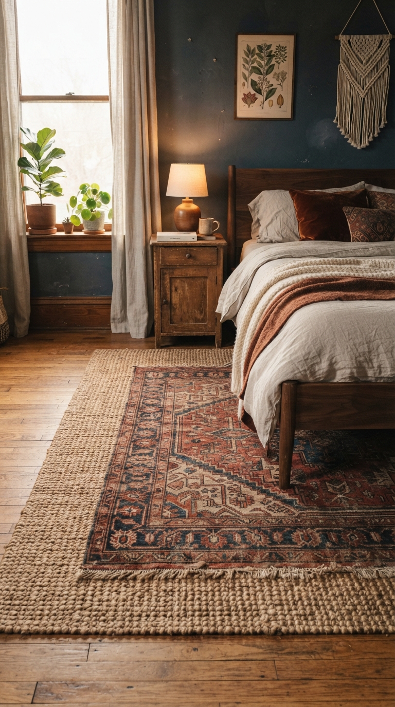 Layered vintage red rug in a moody fall bedroom setting.