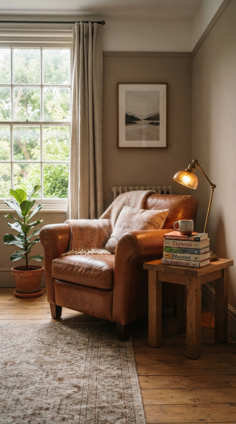 Leather accent chair reading nook in a moody fall bedroom corner