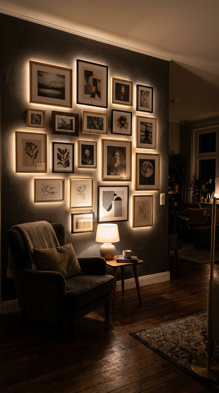 Gallery wall with soft warm LED accent lighting at night
