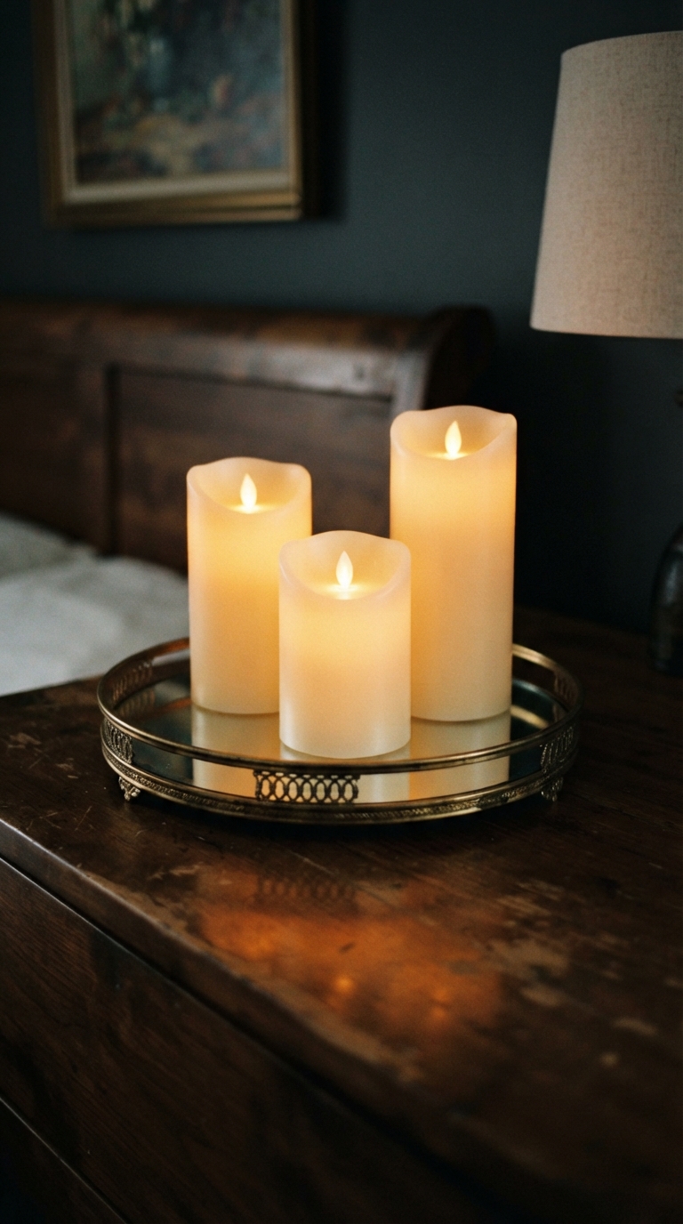 Flameless LED candle cluster styled in a fall bedroom